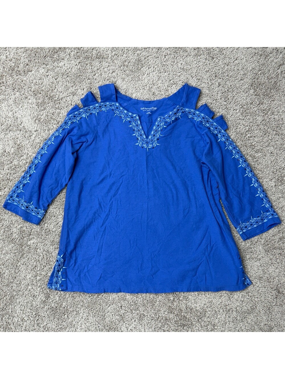 Soft Surroundings Blue Embroidered Cold Shoulder Top Large
